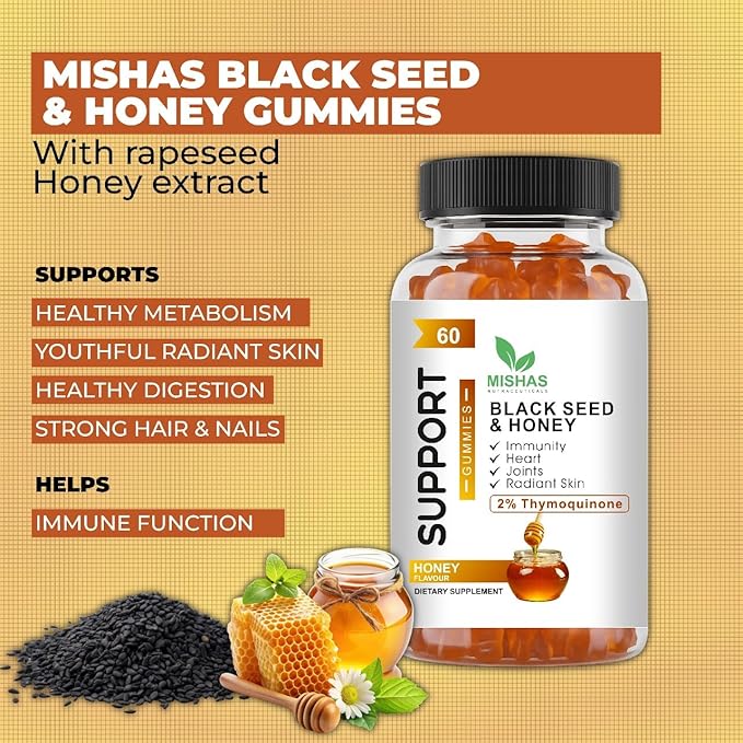 Mishas Nutraceuticals Black Seed Oil and Honey Gummies 2% Thymoquinone Immune Support Joint Health 60 Count