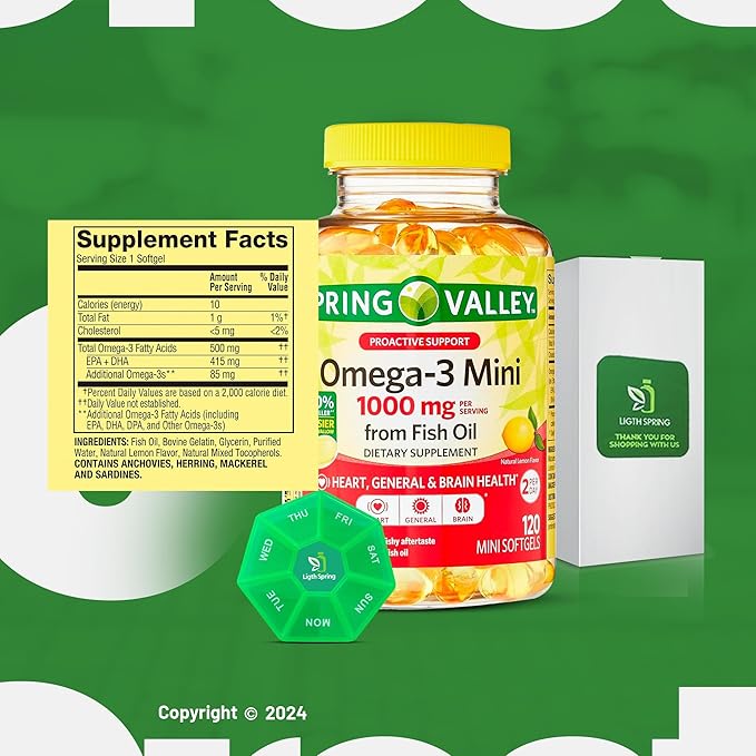 Spring Valley Omega-3 Mini Fish Oil Softgels 1000 mg 120 Count Bundle with Exclusive Vitamins &amp Minerals A to Z - Better Ligth&ampSpring Guide (2 Items)