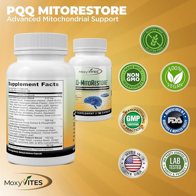 PQQ MITORESTORE Brain Supplements for Memory and Focus - Mitochondria Supplement with BioPQQ 20mg - Purest Form NOT Chemically Synthesized Cognitive and Heart Support - 30 Vegan Capsules Non GMO