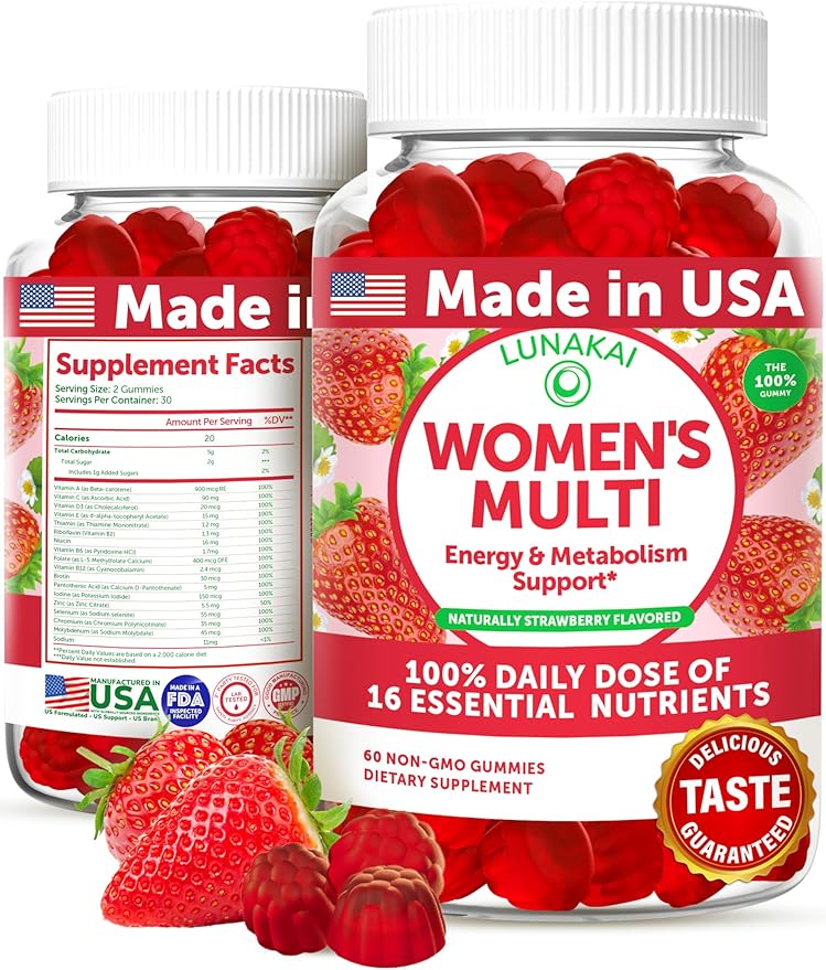 Lunakai USA Made Womens Multivitamin Gummies - Delicious Daily Dose with 16 Multi Vitamins for Women - Energy &amp Immune Support Non-GMO 60 Ct