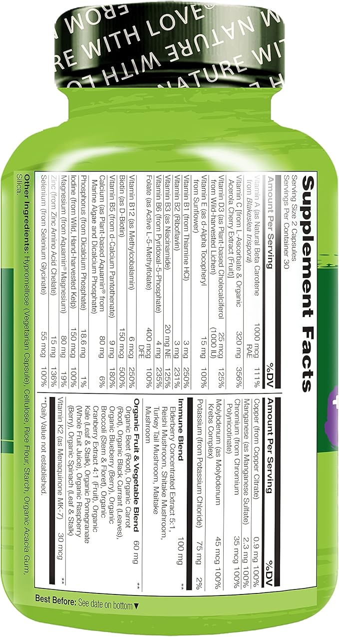 NATURELO Whole Food Multivitamin + Immune Blend with Elderberry &amp Mushrooms - Complete Multivitamin with Extra Immune Support - C D3 Zinc Elderberry Reishi Shitake - 60 Vegan Capsules