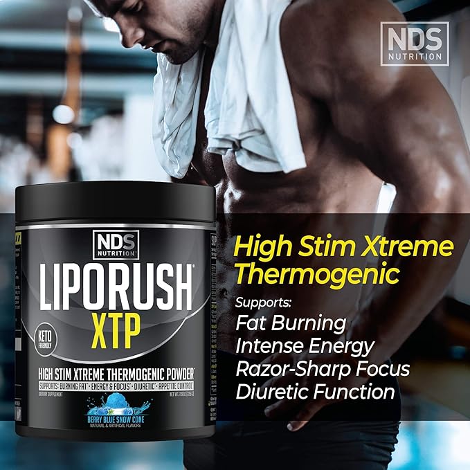 LIPORUSH NDS Nutrition XTP Thermogenic Fat Burner with L-Carnitine - Energy Focus and Appetite Control - Extreme Thermogenic Fat Burning Powder Weight Loss - Blue Berry Snow Cone (45 Servings)