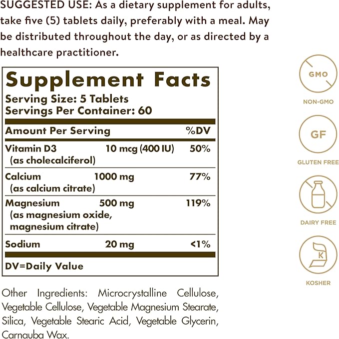 Solgar Calcium Magnesium with Vitamin D3 300 Tablets - Promotes Healthy Bones Supports Nerve &amp Muscle Function - Highly Absorbable Form - Non-GMO and Gluten Free - 60 Servings