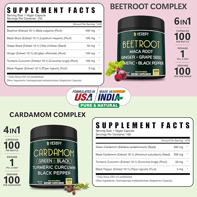 Bundle 6in1 Beet Root Capsules 100 Count &amp 4in1 Cardamom Capsules 100 Count - Support Restful Night Heart Health Digestion &amp Natural Wellness