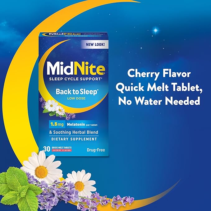 MidNite Back To Sleep Low Dose 1.5 mg Melatonin Sleep Aid Non-habit Forming Herbal Dietary Supplement For Adults Drug-free Gluten-free Lactose-free Vegetarian Vegan 30 Quick Melt Tablets 2 ct
