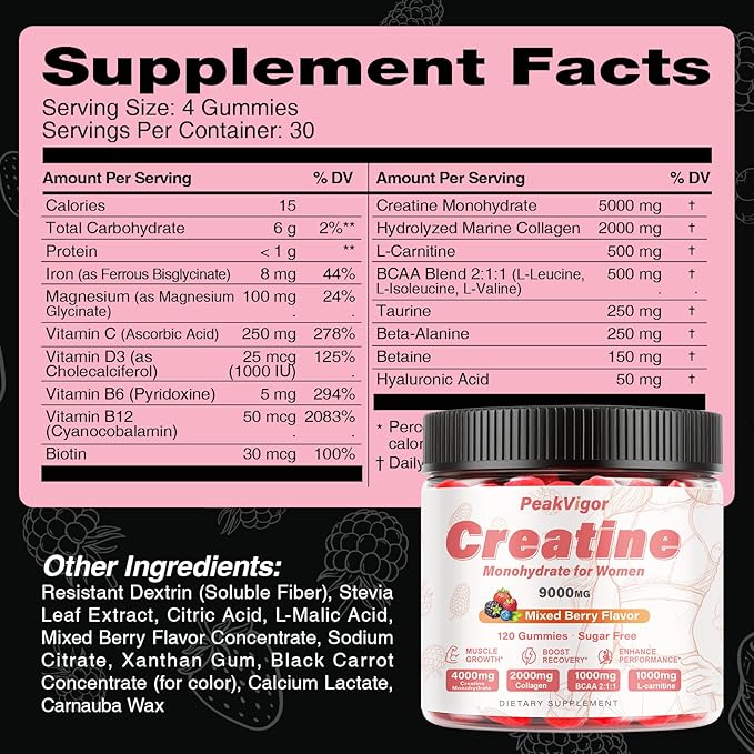 12 IN 1 Creatine Monohydrate Gummies Complex 9000mg for Women and MenCreatine Gummies for Women with L-CarnitineTaurineCollagenVitamin C&amp B12Sugar Free &amp Vegan120 GummyMixed Berry Flavo