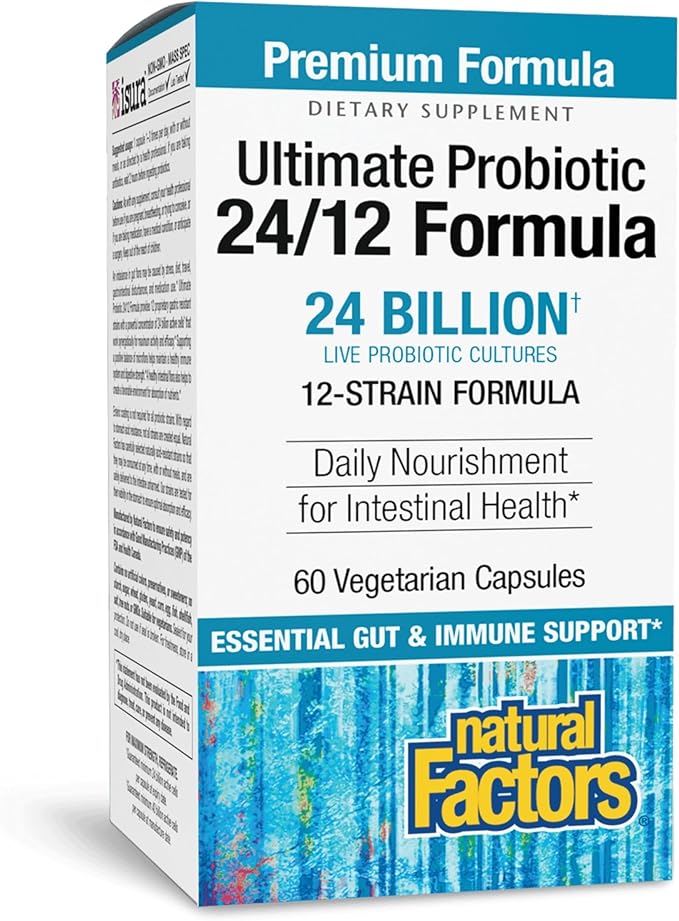 Natural Factors Ultimate Probiotic 24/12 Formula - Digestive Health Support Supplement with Probiotics - Immunity &amp Gut Health Support Supplement - 60 Vegetarian Capsules (60 Servings)