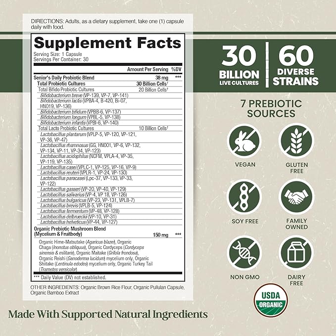 Vital Planet - Organic Flora Probiotics for Senior’s Daily Shelf Stable Probiotic 30 Billion CFU 60 Diverse Strains with Organic Prebiotics for Immune Support and Digestive Health 30 Capsules