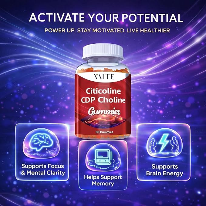VAITE Citicoline 1000mg Supplements – CDP Choline for Brain Support Memory Focus &amp Mental Performance – Helps Maintain Clarity &amp Concentration – for Adults – Non-GMO Vegan 60 Gummies