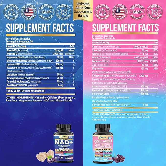 Forever Young Set with Liposomal NAD Nicotinamide Riboside Magnesium Resveratrol Lion's Mane Collagen Peptides Types I II III V and X Biotin &amp Keratin Hyaluronic Acid Zinc Quercetin