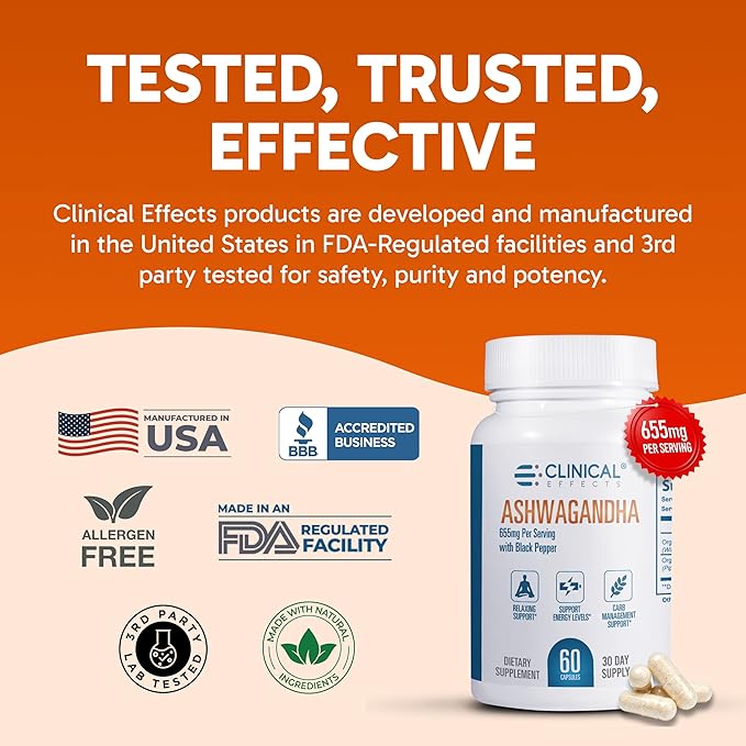 Clinical Effects Ashwagandha with Black Pepper for Stamina and Calm - 60 Ashwagandha Capsules - Made in the USA
