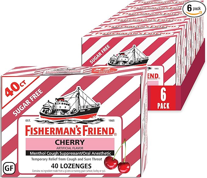 Fisherman's Friend Sugar Free Cherry Flavored Cough Lozenges (40 Drops x 6-Pack) 6.9mg Natural Menthol Cooling Relief from Sore Throat Persistent Cough &amp Everyday Irritation Vegan &amp Gluten
