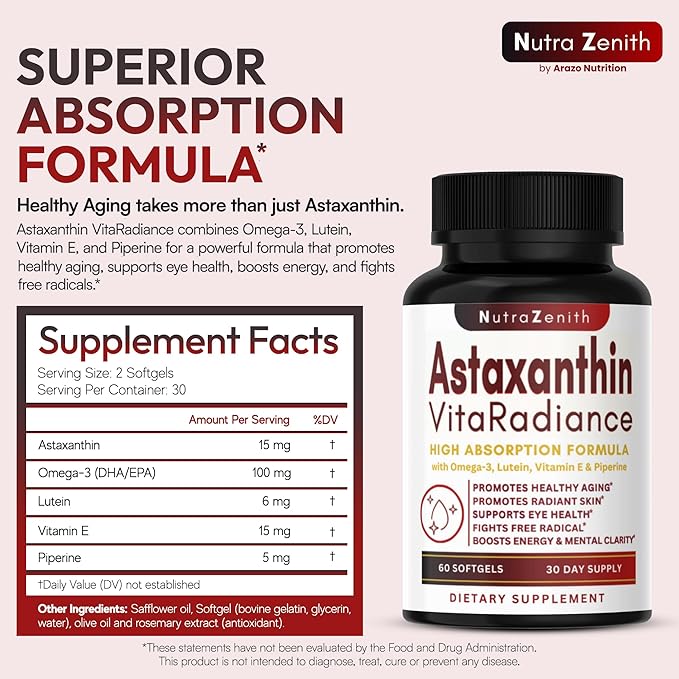 Astaxanthin Supplement with Omega-3 Vitamin E &amp Lutein – 60 Capsules for Super Antioxidant Support Energy Boost Mental Clarity &amp Eye/Skin Care – Triple-Action Formula (Powerful Antioxidant