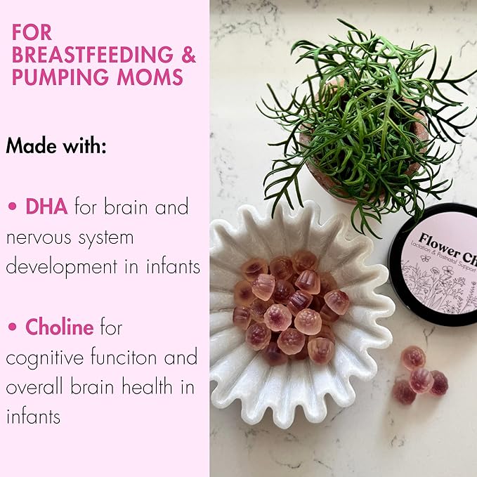 Flower Child Breastfeeding Gummies for Milk Production with Organic Moringa Milk Thistle Choline &amp DHA Lactation Supplement Postnatal Recovery Vitamins Fenugreek Free Vegan 60 Count