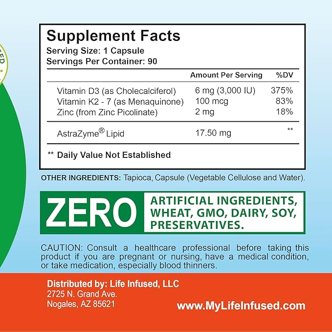 Life Infused Vitamin D3 + K2 Supplement with Zinc &amp Enzymes — 3000 IU D3 MK-7 K2 Immune &amp Bone Support Enhanced Absorption Non-GMO Vegan Capsules 90 Count