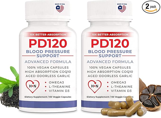 PD120 Natural Blood Pressure Support Supplement: 8-in-1 Formula with Black Odorless Garlic High-Absorption CoQ10 (Pack of 2)