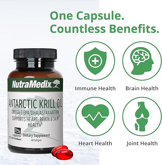 NutraMedix Antarctic Krill Oil 500mg - Fish Oil Supplement - Omega-3s (EPA &amp DHA) + Astaxanthin - Red Krill Supplement for Joint Immune Heart Liver &amp Brain Health Support (60 Softgels)