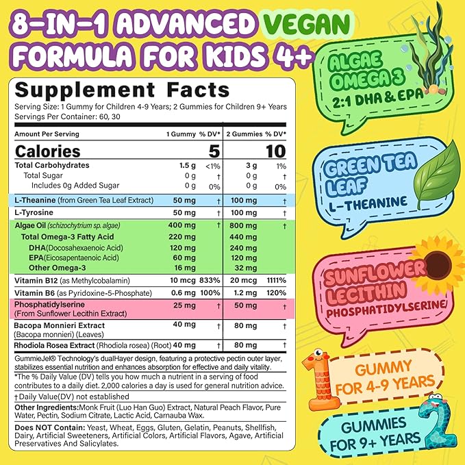 Kids 4+ Focus &amp Energy Gummies Kids Brain Supplement w/Algae Omega-3 Methylated B6 &amp B12 L-Theanine L-Tyrosine Phosphatidylserine for Attention Memory Nootropic Caffeine free &amp Sug