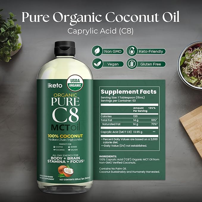 Keppi Keto Organic MCT Oil - Flavorless C8 Non-GMO Certified Gluten-Free Palm Oil Free Vegan Kosher Halal 32 oz Coconut Oil