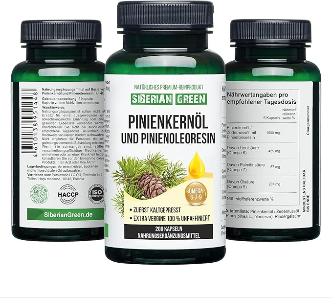Siberian Green Pine Nut Oil w/Pine Resin Capsules 200 Softgels Wild Harvested Siberia Altai Cold Pressed Unrefined