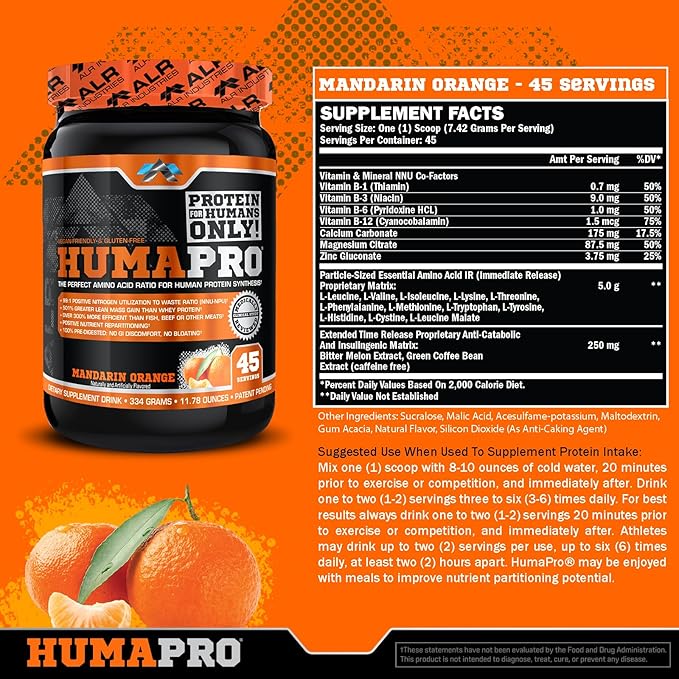 ALR Industries HumaPro Essential Amino Acid Formula | EAA Protein Supplement | Supports Muscle Recovery &amp Performance | Vegan Gluten Free | | 45 Servings (Mandarin Orange)