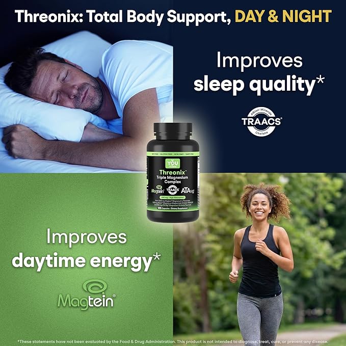 Threonix Triple Magnesium Complex - Magtein L-Threonate Bisglycinate Chelate TRAACS &amp ATA Mg - Brain Sleep Mood &amp Focus Support - High Absorption Gentle on Stomach - 120 Capsules