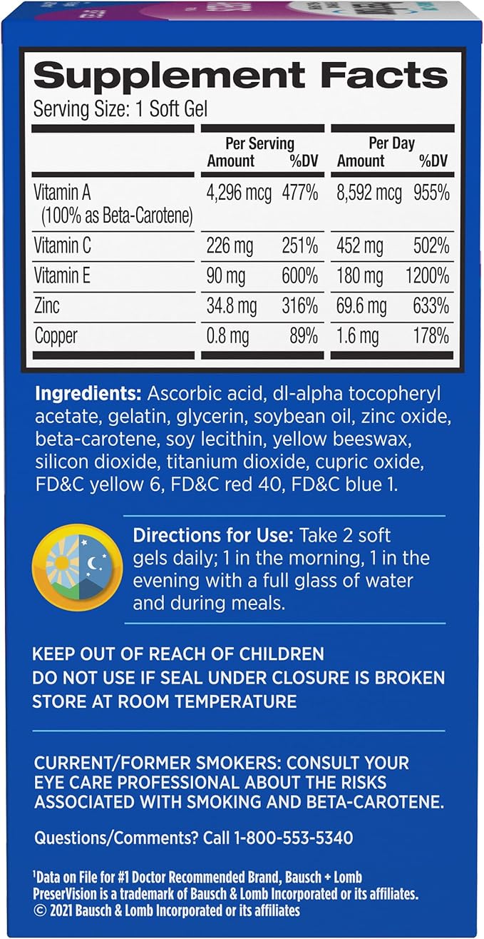 Bausch + Lomb PreserVision AREDS Eye Vitamin &amp Mineral Supplement Tablets 120 Count Bottle (Soft Gels) (Pack of 2)