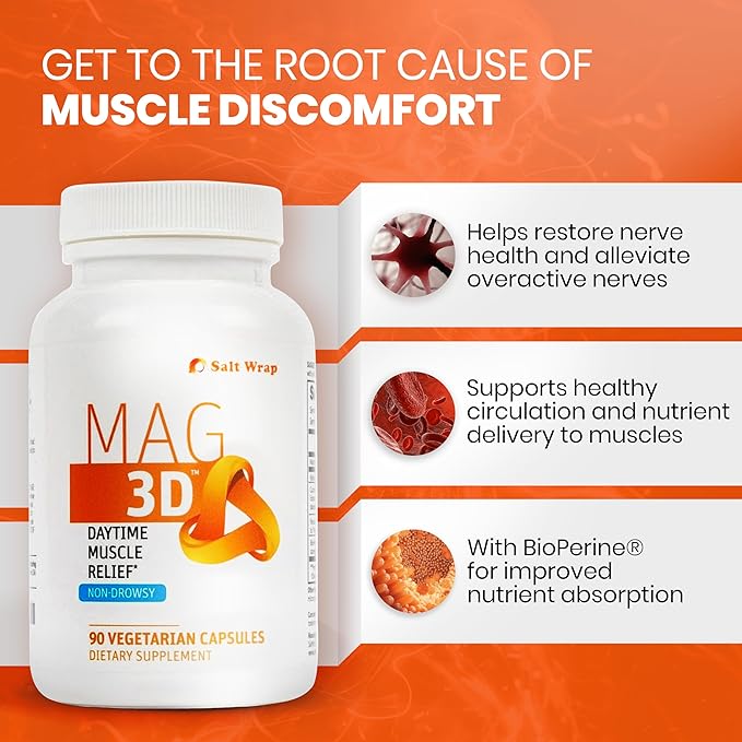 SaltWrap Mag 3D – Daytime (Non-Drowsy) Leg Cramp &amp Muscle Relief Support - Natural Supplement for Muscle and Nerve Health with Turmeric Alpha Lipoic Acid &amp Magnesium
