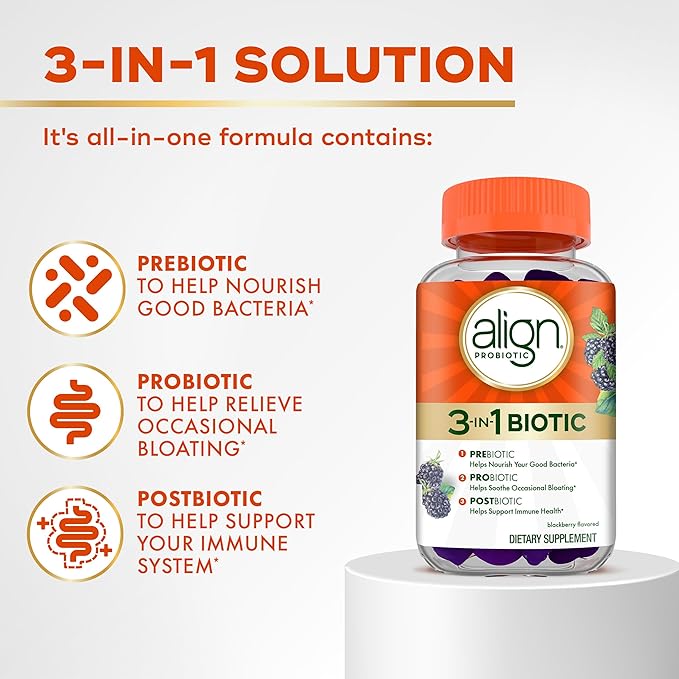 Align Probiotic 3-in-1 Biotic Gummies Prebiotic + Probiotic + Postbiotic #1 Doctor Recommended Probiotic Brand‡ Helps Relieve Occasional Bloating* BlackBerry Flavor 50 Gummies