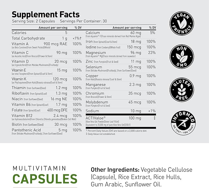 Kaged Multivitamin Capsules | Unflavored | Whole Foods Organic Fruits &amp Veggies | Plant Based Vegan Multivitamin | Vitamin C D E B12 | Supplements for Men &amp Women | 30 Servings