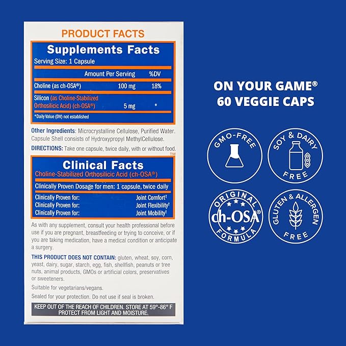 Biosil On Your Game - 60 Veggie Capsules Pack of 2 - with Patented ch-OSA Complex - Increase Collagen Production for Joint Pain Relief Flexibility &amp Range of Motion - GMO Free - 60-Day Supply