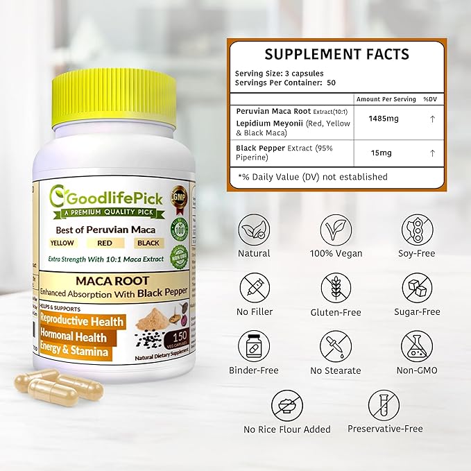 Peruvian Maca Root Capsules 150 ct. Powerful Maca Blend of Yellow Red &amp Black Maca Root with Black Pepper. All Natural NonGMO Vegan No Stearate No Rice Powder No Silica No Filler
