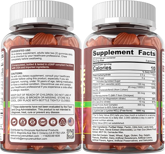 L-Lysine 1000mg Gummies for Immune Support &amp Skin Health Adults &amp Kids 9+ Vegan Lysine Chewables with Magnesium D3 Zinc &amp Vitamin C Collagen Production Lip Oral Bone Health Sugar F