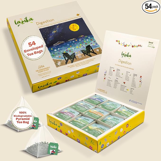 Lazika Herbal Tea Variety Pack with Lovely Presentation Box 54 Counts Digestion Tea Assortment Gift Set Premium Collection with Pyramid Infuser Bag Handcrafted