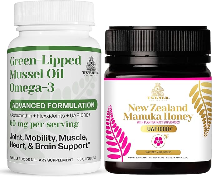 TURNER New Zealand Omega-3 Green Lipped Mussel Oil 53x Higher Potency for Superior Joint Comfort &amp Mobility No Fishy Aftertaste 1 Bottle 60 Softgels Plus 1 jar of Manuka Honey