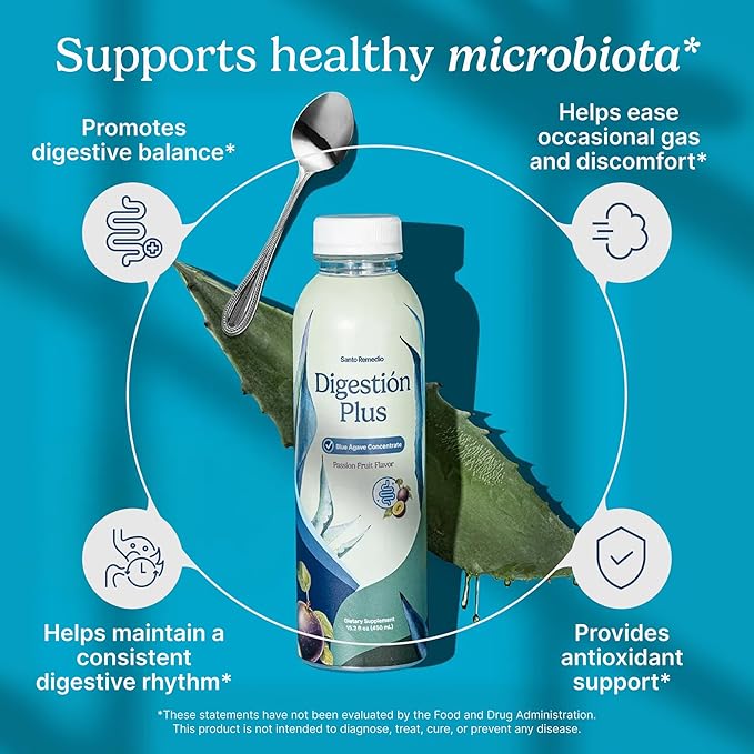 Santo Remedio Digestion Plus Concentrated Blue Agave Drink 30 Servings Passionfruit Flavor Vegan Gluten-Free Non-GMO No Added Sugar