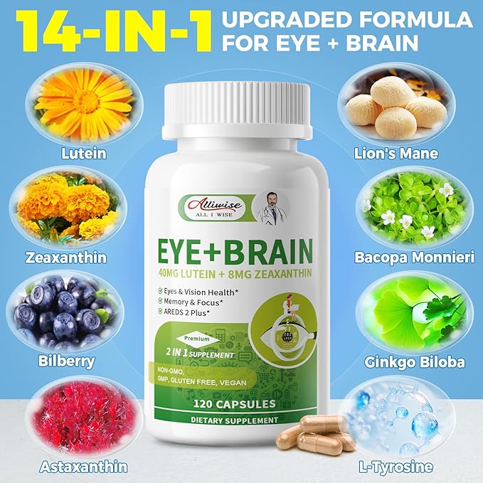 2 Pack Eye + Brain Supplements for Memory and Focus Lutein 40mg Zeaxanthin Astaxanthin Bilberry Lion’s Mane Bacopa Monnieri Ginkgo Biloba 14 in 1 Eye Vitamins for Adults &amp Seniors 240 Caps