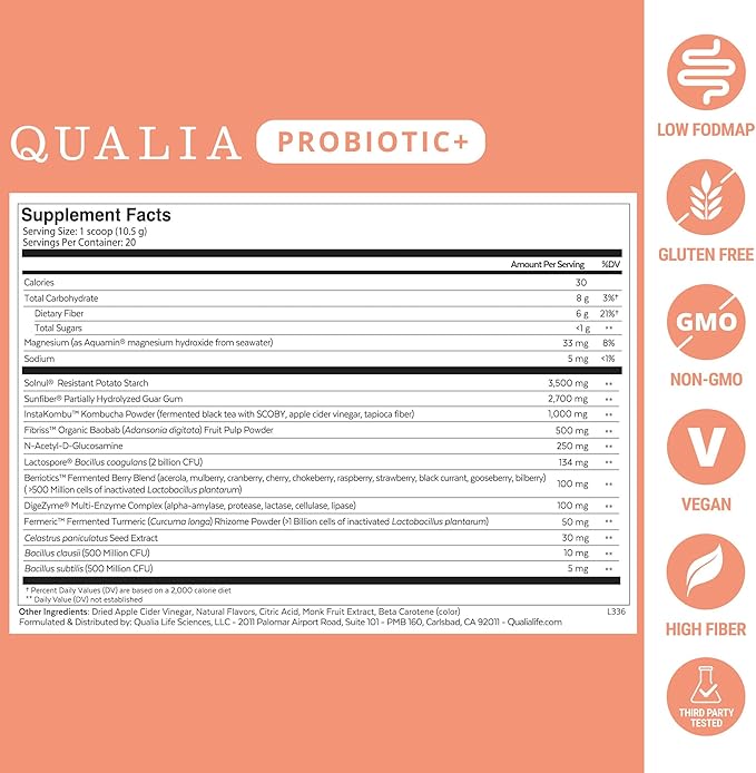 Qualia Probiotic - 28 Science-Backed Spore Probiotics Prebiotics and Postbiotics. Total Gut Support. Soothes Digestive discomfort. Ethically sourced. Promotes Akkermansia Growth. 1 Month Supply