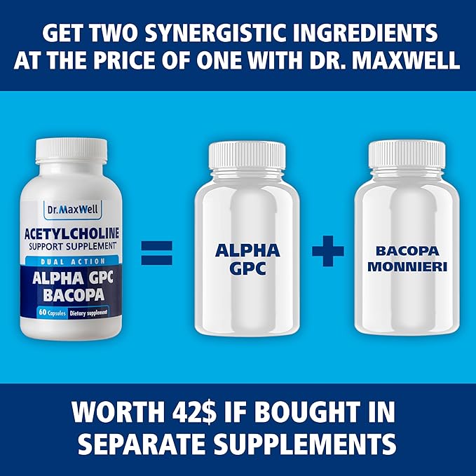 Dr. Maxwell Acetylcholine Alpha GPC Choline 600mg + Bacopa Better Than Each Alone. More Reliable Acetylcholine (Supports Memory &amp Learning) Supplement 60 Capsules