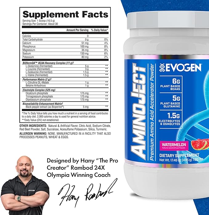 Evogen AminoJect - Premium BCAA Powder &amp EAA Recovery Formula with Electrolytes | Amino Acids Supplement for Muscle Growth Hydration &amp Recovery | Watermelon | 30 Servings