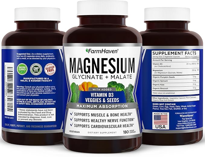 FarmHaven Magnesium Glycinate &amp Malate Complex w/Vitamin D3 100% Chelated for Max Absorption Vegetarian – Bone Health Nerves Muscles 180 Capsules 90 Days