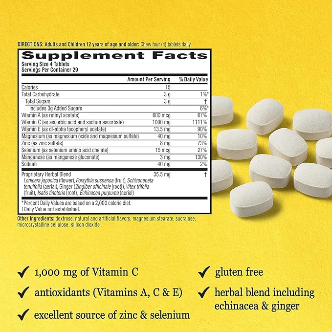 Airborne 1000mg Vitamin C + Zinc Immune Support Supplement Chewable Tablets Very Berry &amp Citrus Flavor with Powerful Antioxidants Vitamins A C &amp E 116 Chewable Tablets (Very Berry + Citrus)