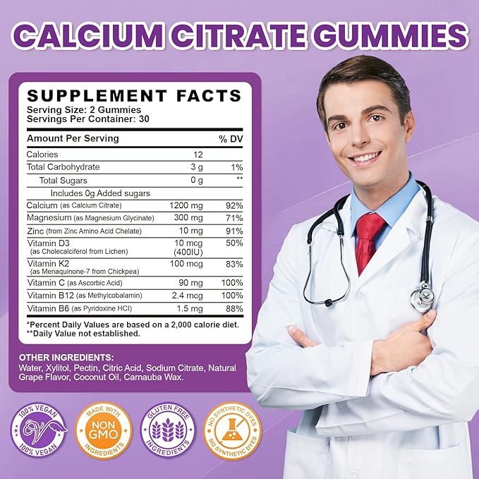 Calcium Citrate Gummies - 1200mg Calcium Gummies Supplements for Women &amp Men with Vitamin D3 K2 Magnesium Zinc High Absorption for Bone Muscle &amp Immune Support Grape Flavor 120 Count