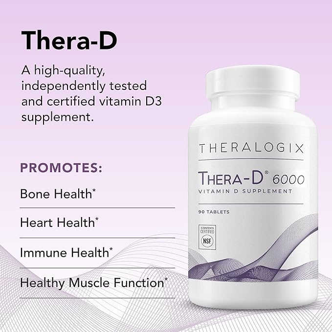 Theralogix Thera-D 6000 Vitamin D Supplement - 6000 IU (150 mcg) Vitamin D3 Tablets - 90-Day Supply - Immune Support Supplement for Women &amp Men - Aids Bone &amp Heart Health - NSF Certified - 90
