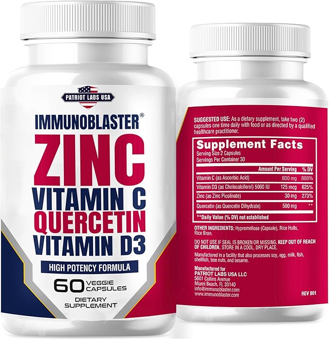 Zinc Quercetin Vitamin C 800 mg with Vitamin D3 Antioxidant Immune Support High Potency Quercetin Zinc Supplement for Men and Women - Gluten Soy &amp Dairy Free - 60 Count (Pack of 1)