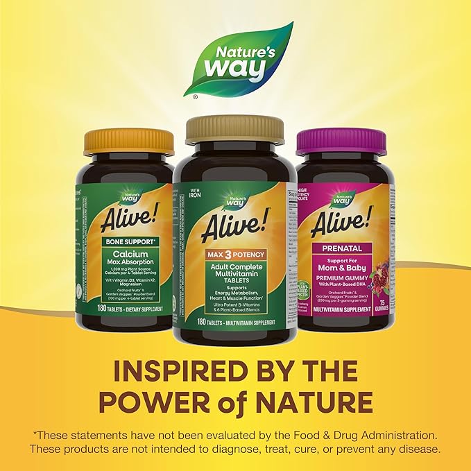 Nature's Way Alive! Max3 Potency Daily Multivitamin Methylated B12 and Folate Ultra Potency B-Vitamins to Support Energy Metabolism* 180 Tablets (Pack of 2)