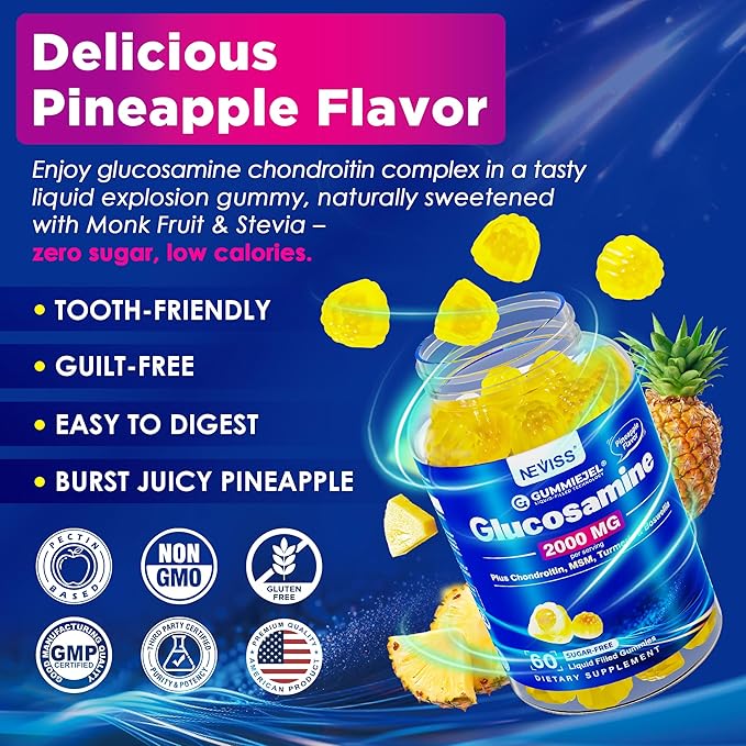 NEVISS Sugar Free Glucosamine Filled Gummies - Glucosamine Supplement Plus Chondroitin MSM Turmeric Boswellia Hyaluronic Acid Vitamin D3 &amp Zinc 120 Gummies 60 Servings