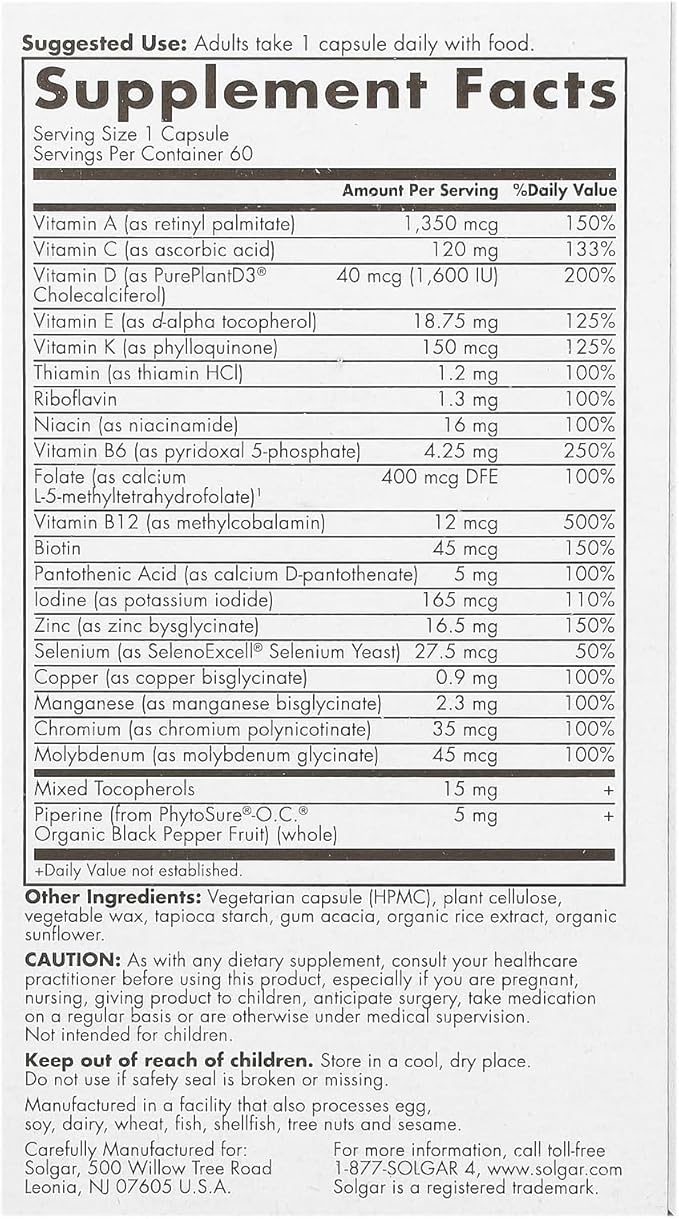 Solgar One Daily Men's Multivitamin Whole Body Support Supplement Highly Absorbable Delayed Release One Daily Multi Vitamin Capsules for Men - Immune Heart Energy Stress &amp Muscle Health 60 Servi