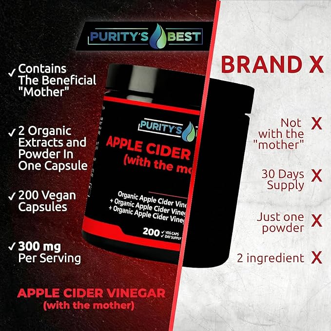 Purity’s Best Apple Cider Vinegar with The Mother – 300 mg Per Serving – Supports Healthy Digestion Metabolism &amp Immune Function – 200 Vegan Capsules