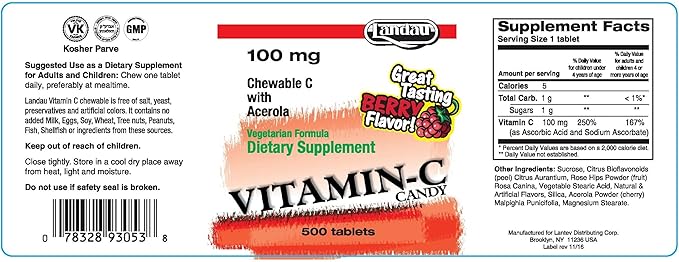 Landau Vitamin C Chewable 100 Mg Great Tasting 500 Chewable Tablets